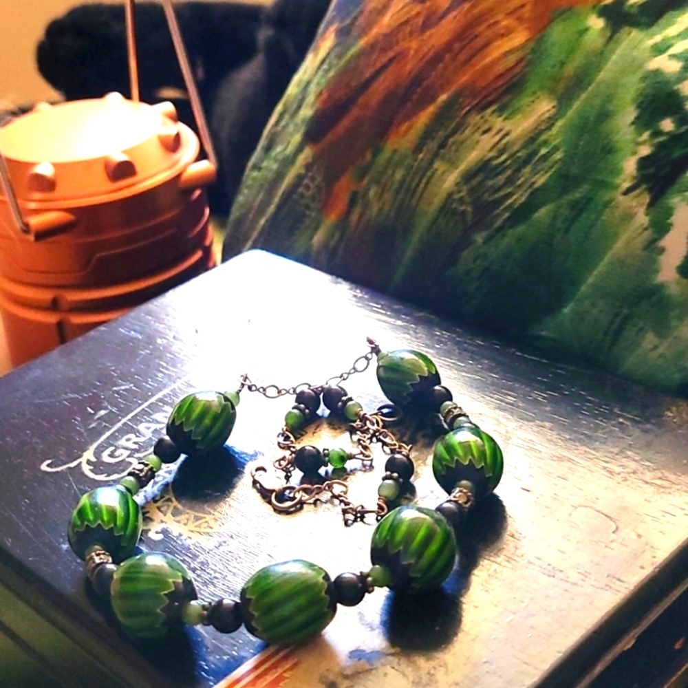 Jade, Obsidian, Silver and Hand-blown Strand